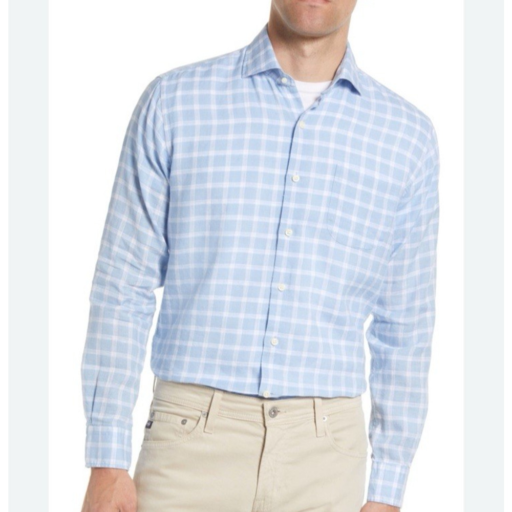 Peter Millar Franklin Crown Cool Button-Up Linen Blend Shirt Blue SIze Small